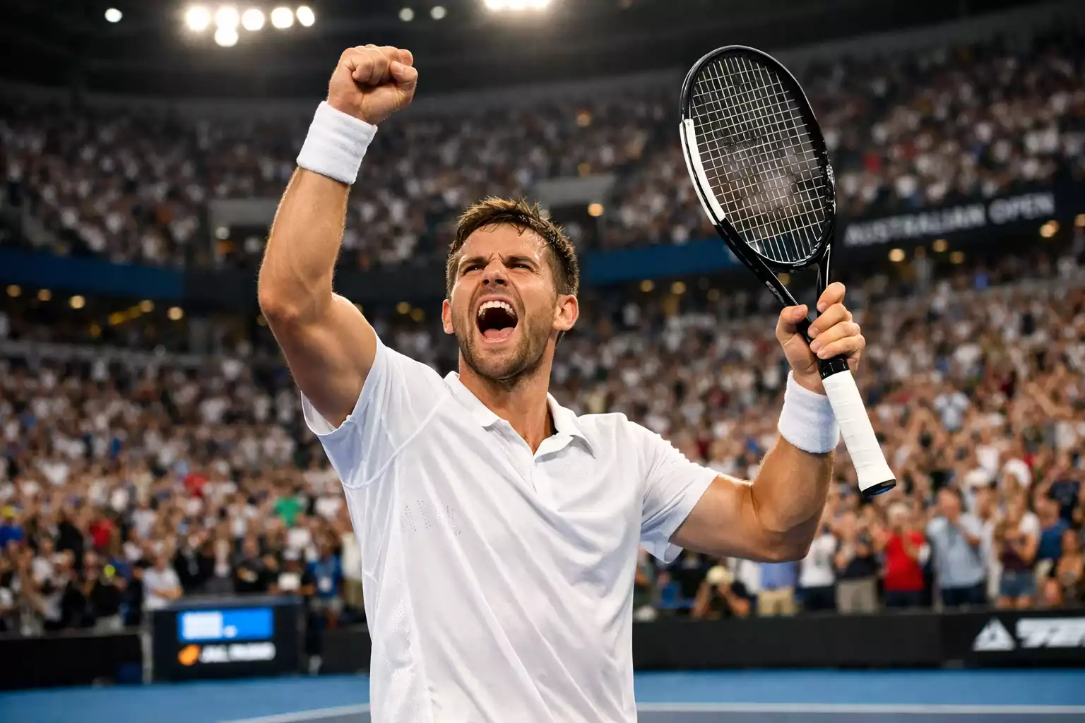 Tennista che festeggia la vittoria di un set in uno Slam