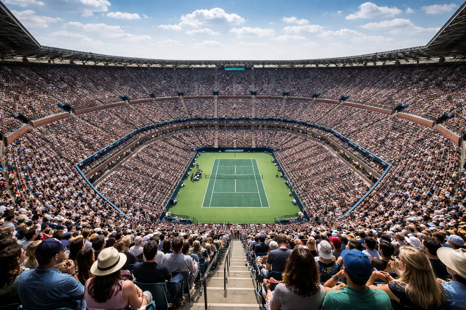 Veduta panoramica di uno stadio da tennis durante un torneo del Grande Slam con pubblico sugli spalti