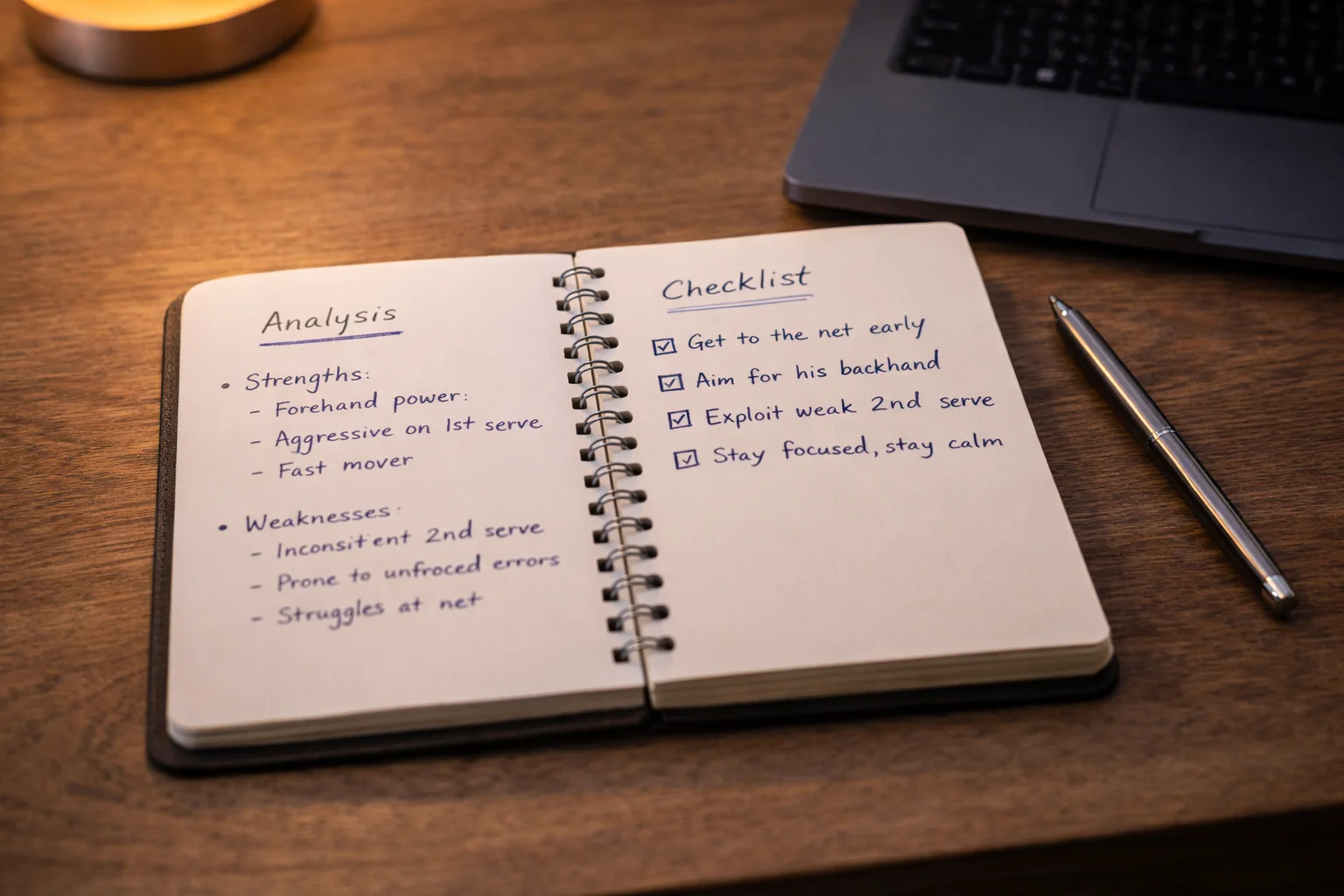 Blocco note con appunti di analisi pre-partita e penna