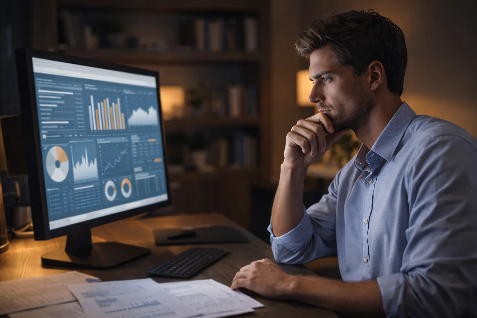 Persona pensierosa che analizza dati su uno schermo