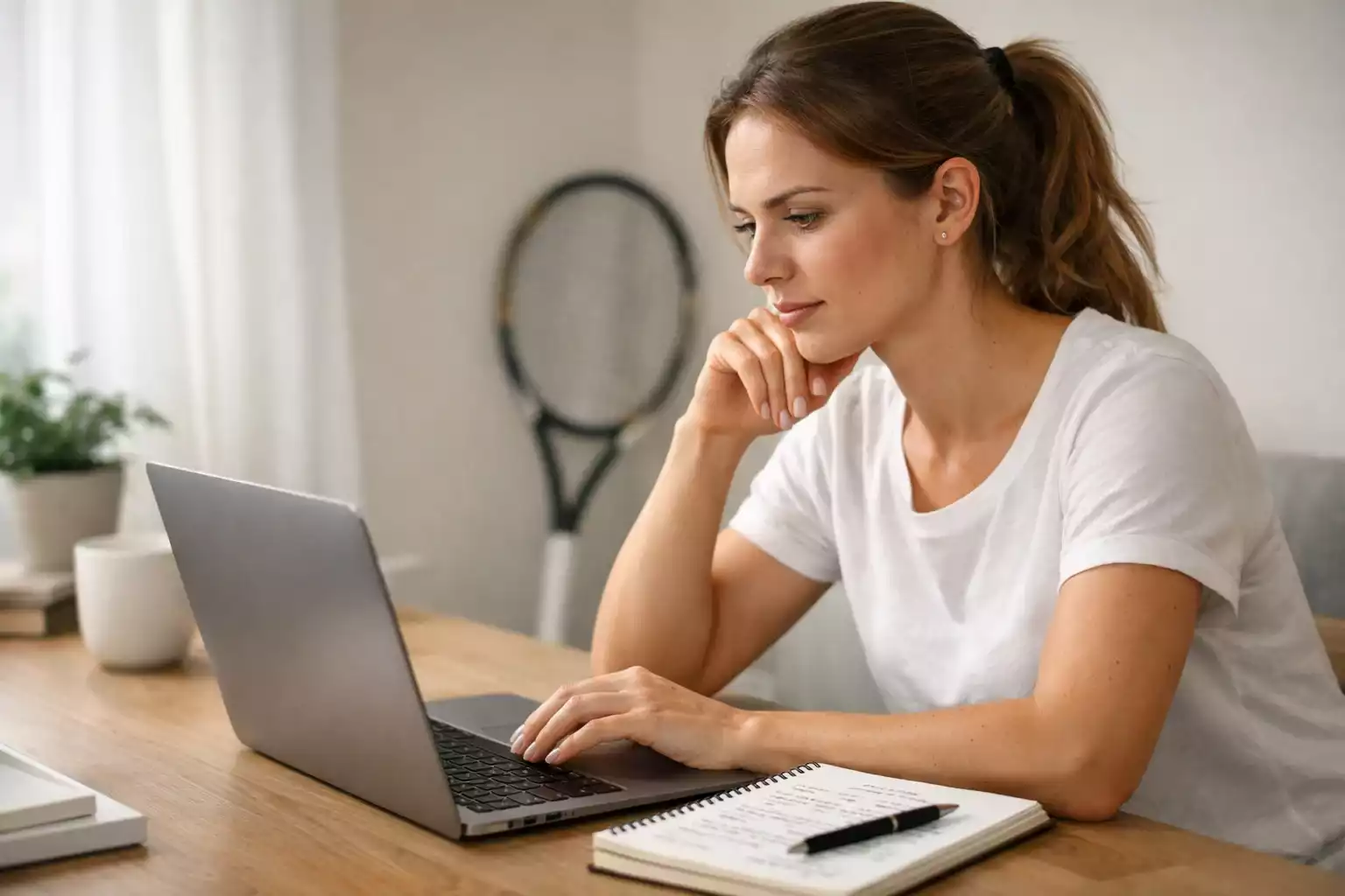 Persona che analizza statistiche di tennis su laptop e prende appunti su un blocco note