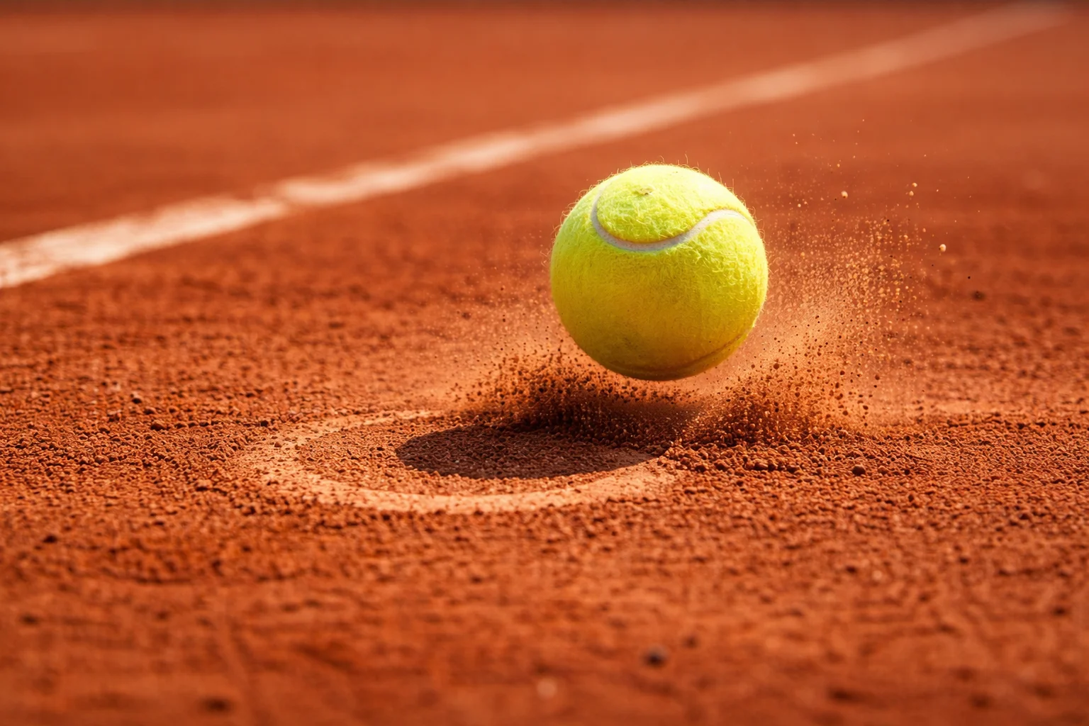 Campo da tennis in terra battuta con palla che rimbalza lasciando il segno
