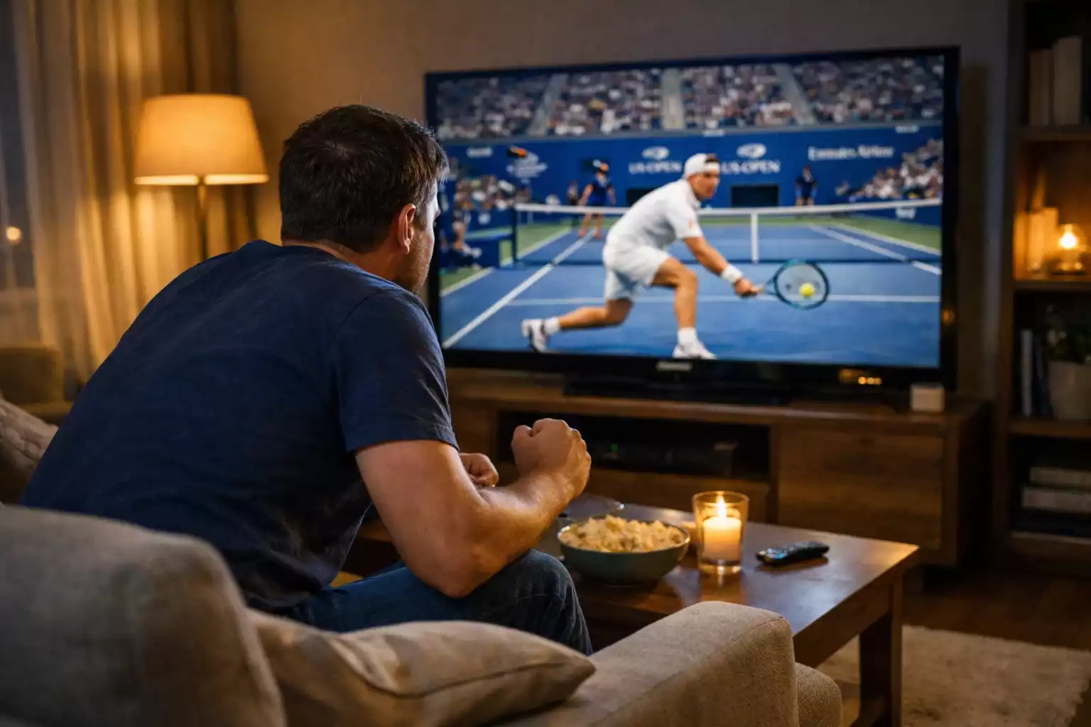 Persona che guarda una partita di tennis con espressione concentrata