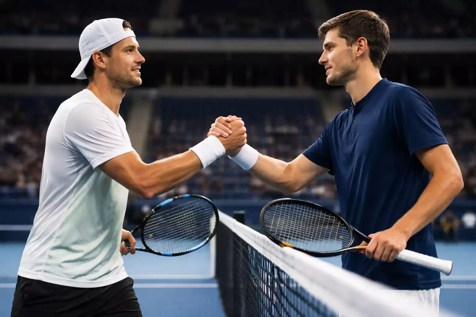 Due tennisti che si stringono la mano alla rete dopo un match
