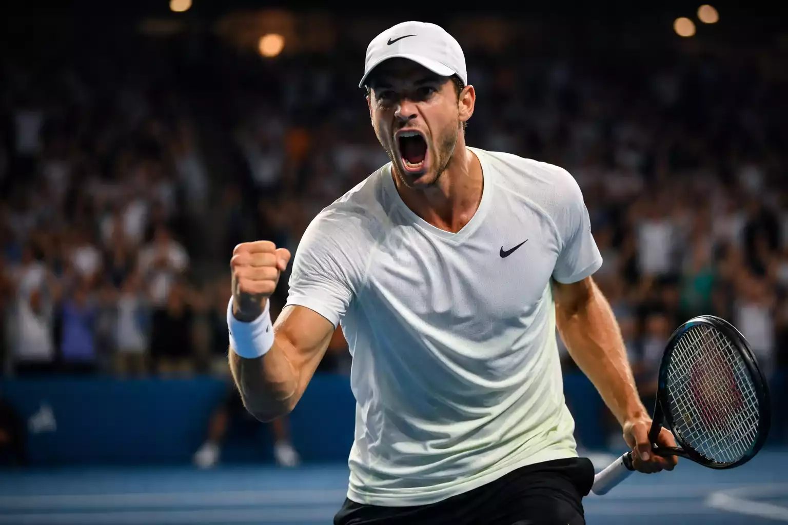 Tennista che festeggia un punto importante durante una partita