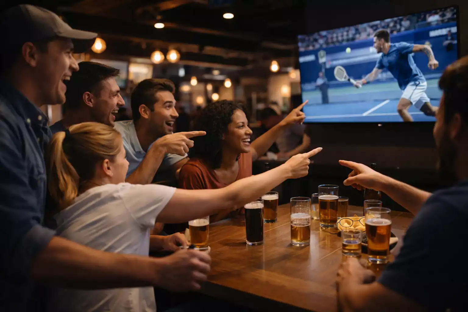 Tifosi che guardano una partita di tennis dal vivo su uno schermo in un ambiente sportivo