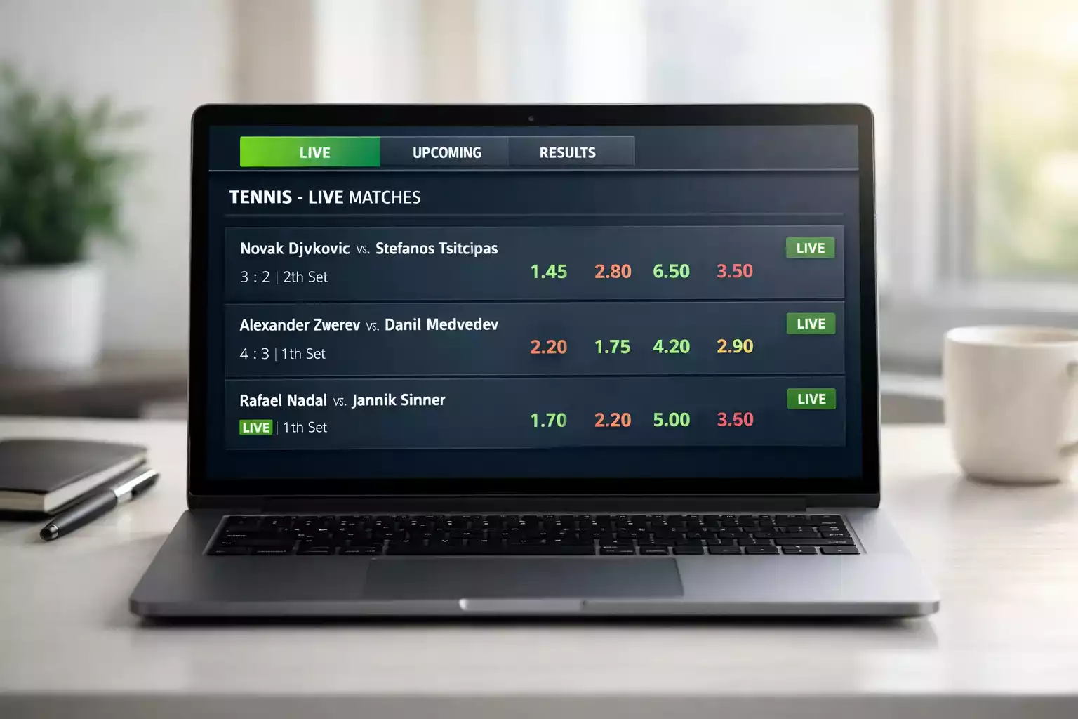 Schermo di computer che mostra quote di scommesse tennis in aggiornamento