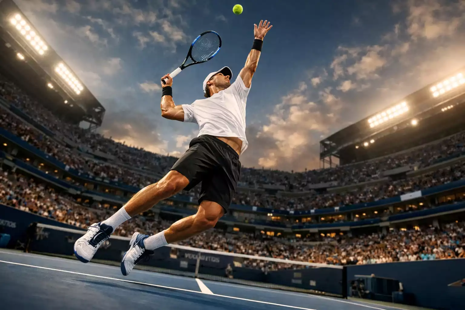 Tennista che serve con potenza su un campo professionale