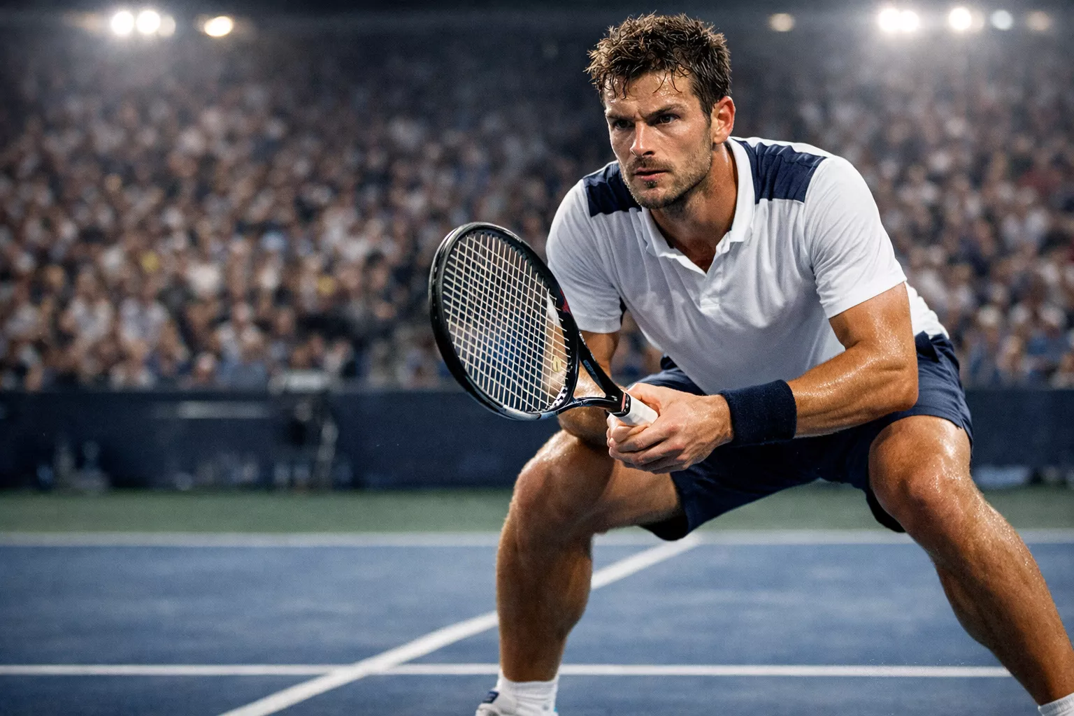 Tennista in posizione di risposta pronto a ricevere il servizio