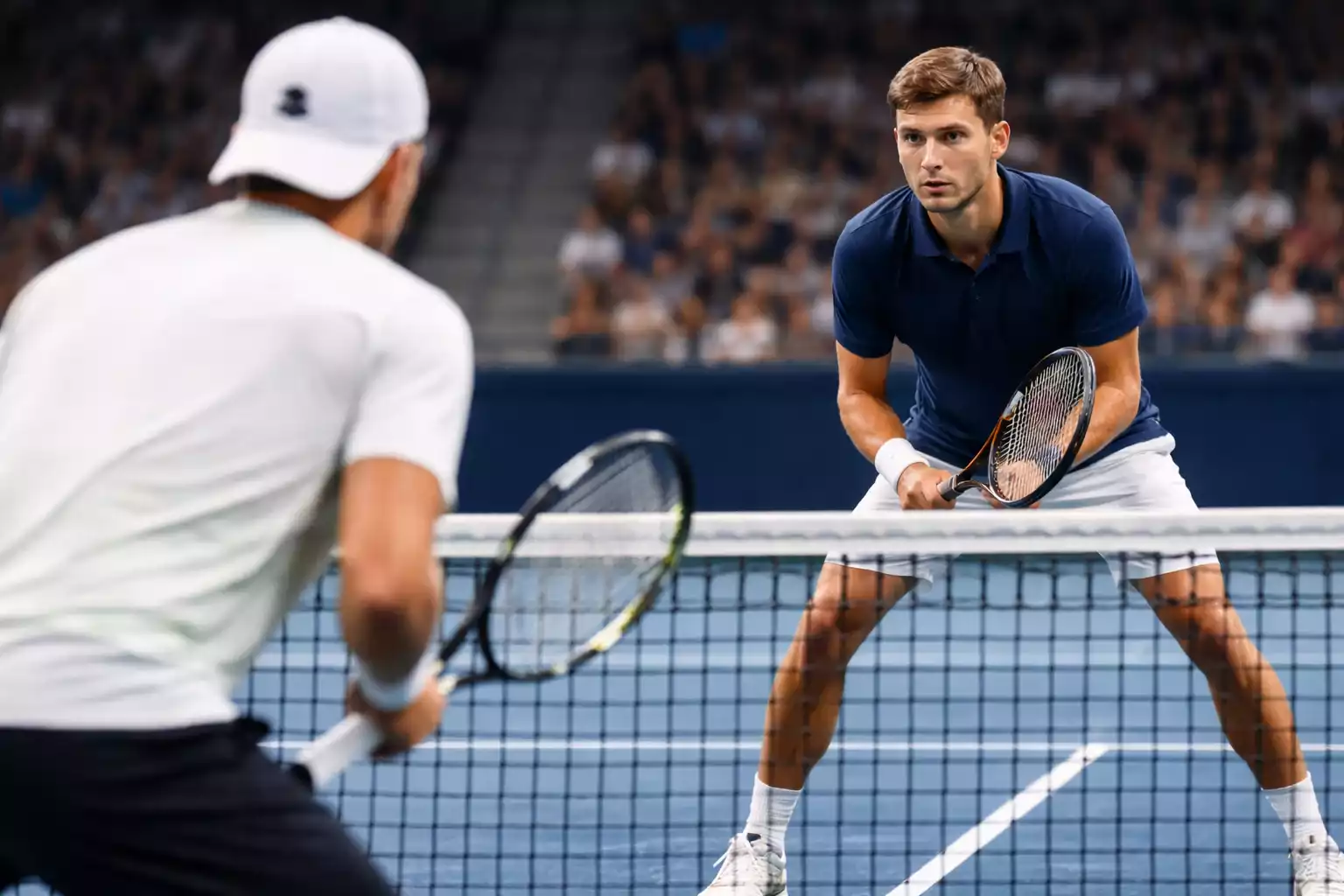 Due tennisti rivali durante un match competitivo