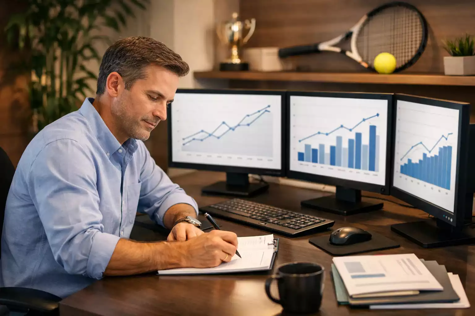 Analista sportivo che studia grafici di performance tennistica su schermo multiplo