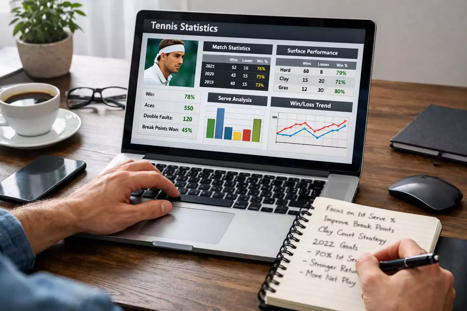 Persona che consulta statistiche di tennis su un laptop