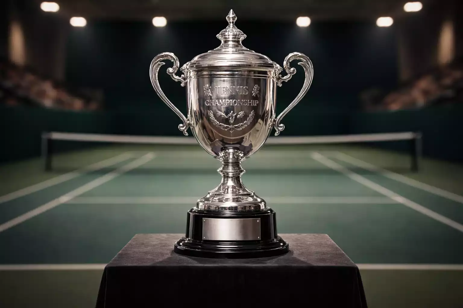 Trofeo di tennis esposto con sfondo di campo da tennis